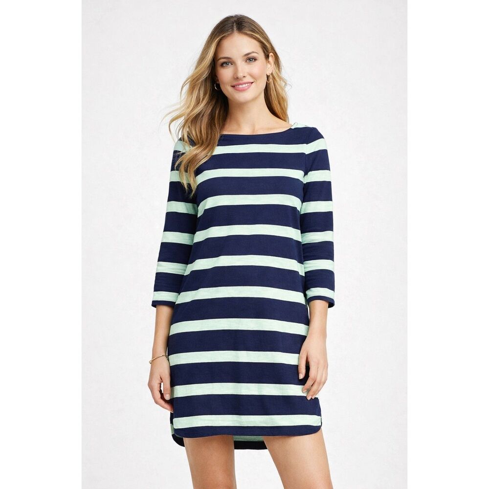J. Crew Navy Mint Stripe Boatneck Tunic Dress Medium 3/4 Sleeve Cotton